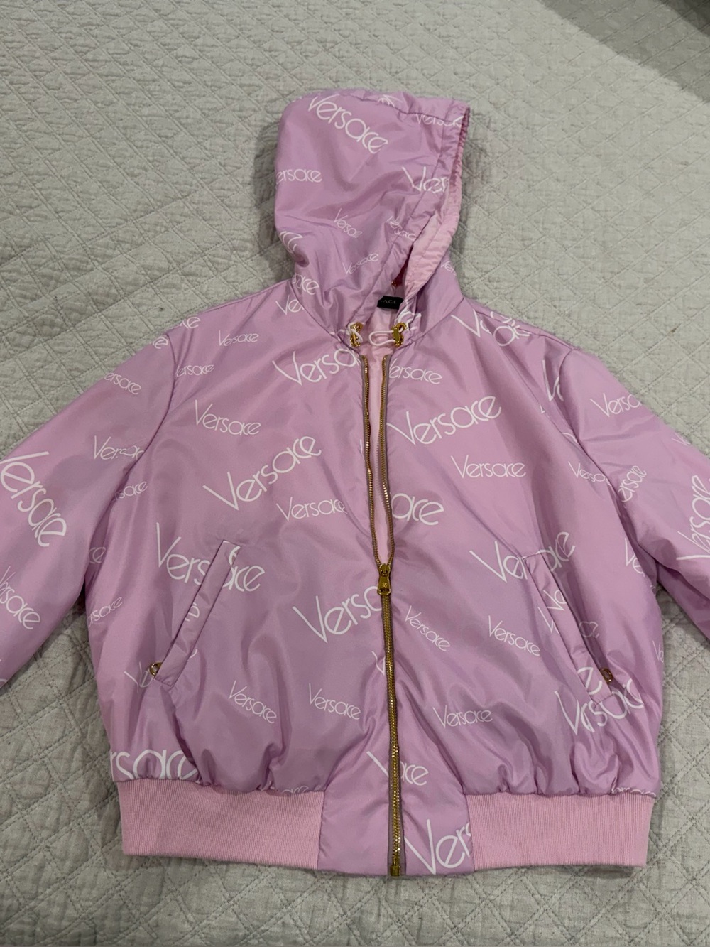 Versace Pink Logo Hooded Bomber Jacket - Picture 6 of 10